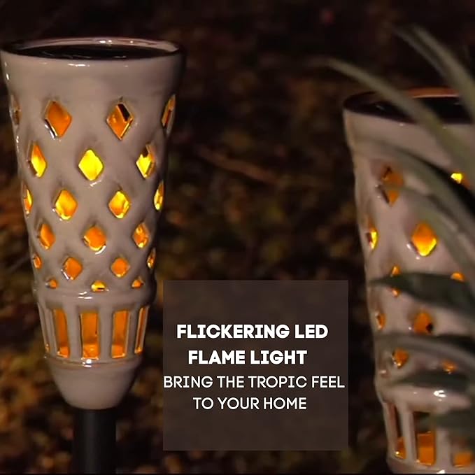 Energizer Ceramic Solar Tiki Torches - LED Solar Outdoor Lights with Flickering Flame for Garden Decor - Solar Garden Lights IP65 Waterproof Solar Powered Outdoor Lights - 2 Pack (Multicolor)