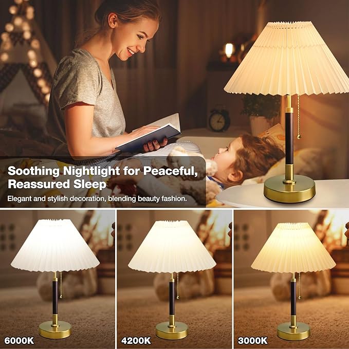 QUIGO Bedside Table Lamp for Bedroom Living Room-3 Color Temperature,Bedside Lamps for Nightstand with Linen Lampshade, Solid Wood & Brass,Modern End Table Lamp,Led Side Table Desk Lamp Vintage BW01T