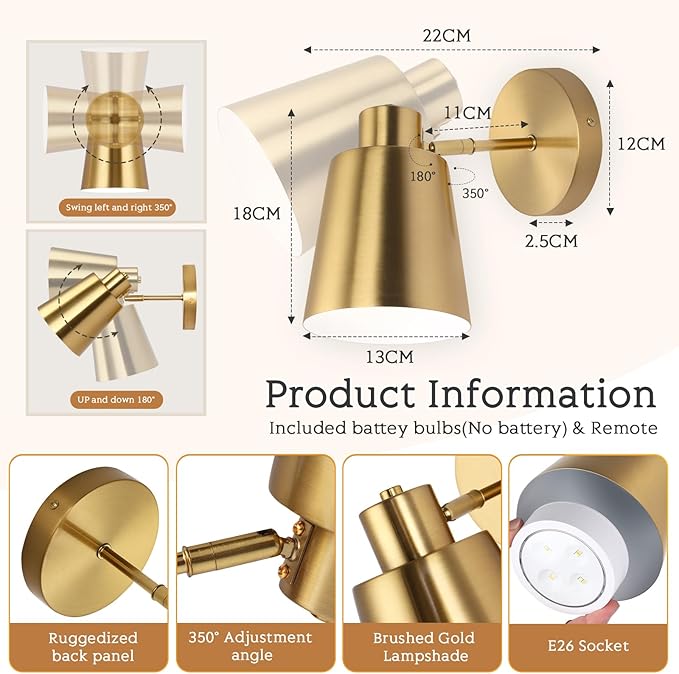 Gold Wireless Battery Operated Wall Sconces, Industrial Cordless Battery Powered Led Wall Lights Set of 2, Vintage Wall Lamp Fixture Indoor with Remote Control for Bedroom, Bathroom, Hallway