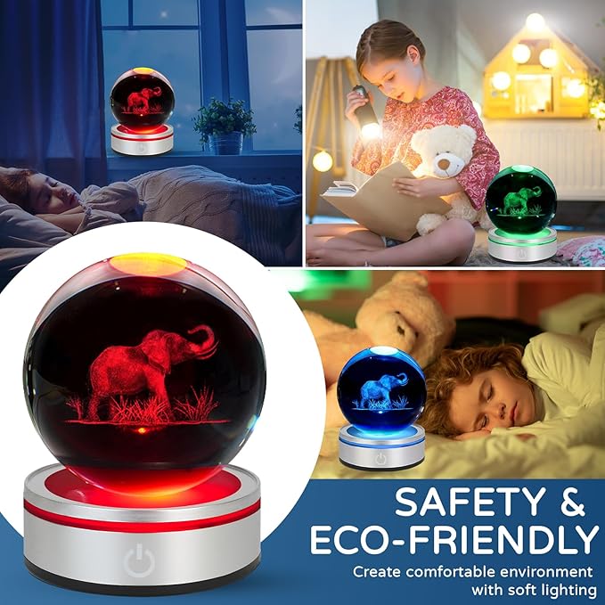 3D Crystal Ball Night Light - Elephant Gifts for Women, 3.15 In, Glass Lamp Home Decor for Birthday Christmas with LED Colorful Touch Base, Elephant Figurine Gifts for Her, Kids, Friends