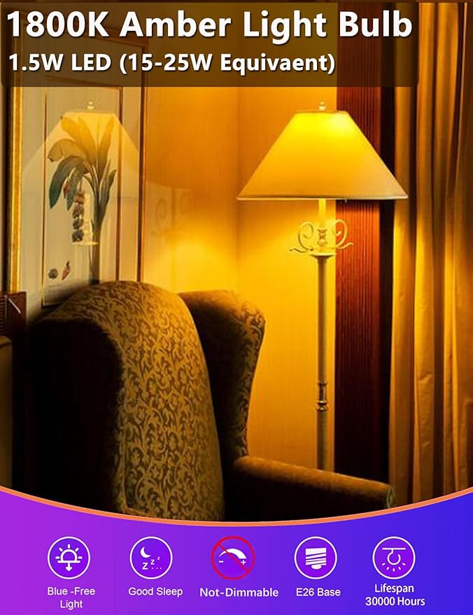 Amber Light Sleep Bulb, A15 1.5W 15 Watt Equivalent Light Bulbs 1800K 120V E26 Base,Low Watt Light Bulbs Table Lamp Bulb for Bedroom,Non-Dimmable 12 Pack