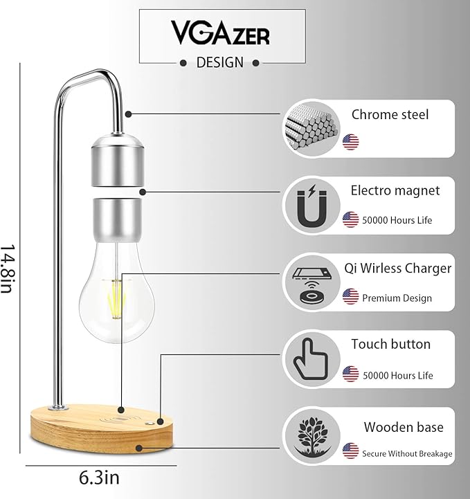 VGAzer Magnetic Levitating Floating LED Light Bulb with Wireless Charger Levitating Lamp (‎Silver)