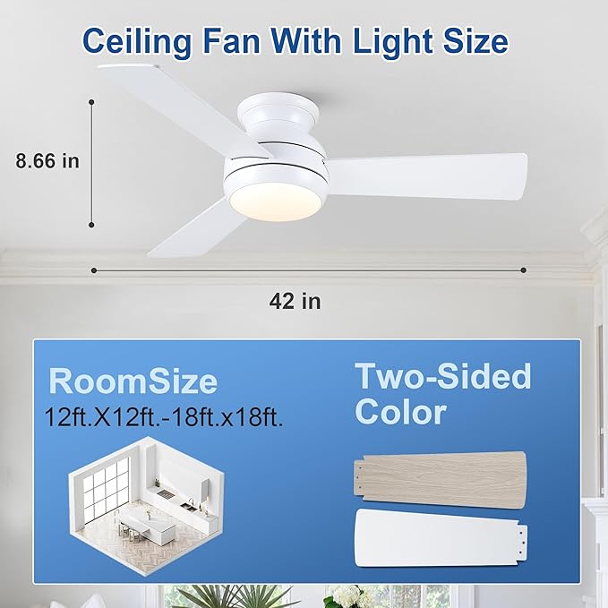 42 Inch Ceiling Fans with Lights and Remote, White Low Profile Ceiling Fan with Light, Flush Mount, Reversible, 6 Speeds, 3CCT Dimmable, Bedroom Indoor/Outdoor Patios Use