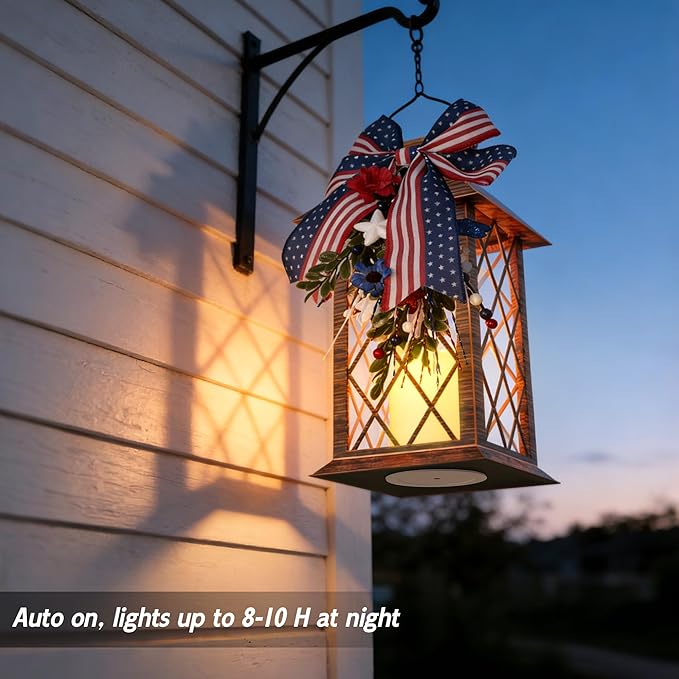 4th of July Solar Lanterns Outdoor Waterproof, Patriotic Hanging Lantern with Flickering LED Candle, 13" Independence Day Lanterns Decorations for Patio Porch Garden Yard Pathway, 1 Pack