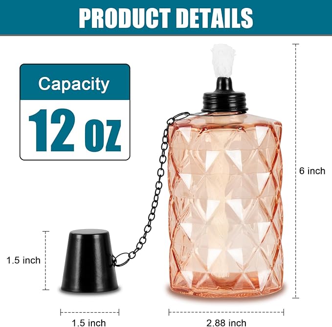 Glass Table Top Torch, Outdoor Torch Canisters 12 oz,Refill Canister with Wicks and Covers, Patio Metal Torch for Luau Party, DIY Garden Decor (4 Packs) (Multi-Color)