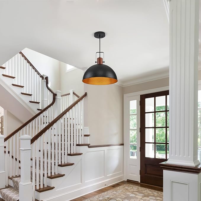 16 Inch Black Pendant Lights Hammered Matte Pendant Lights for Kitchen Island Industrial Farmhouse Adjustable Height Dome Hanging Light Fixtures for Barn, Dining Room 2 Packs