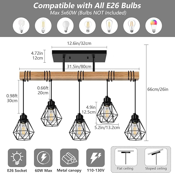 5-Lights Farmhouse Hanging Pendant Light, Dinng Room Light Fixtures for Kitchen Island Lighting Over Table, Black Rustic Wood Ceiling Pendant Lights with Metal Shade for Living Room, Foyer