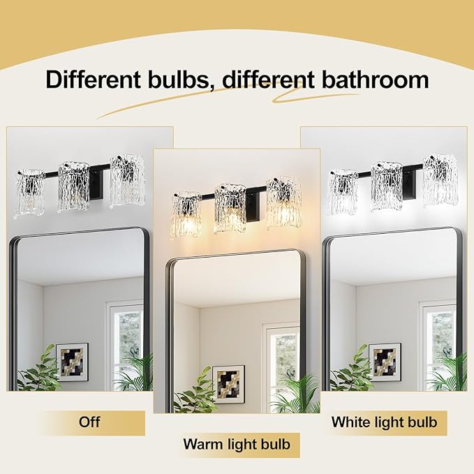 Bathroom Light Fixtures, 3-Light Vanity Lights with Water Ripple Glass Shade, Modern Black Bathroom Lights, Vanity Wall Lamp for Mirror (19.5in)