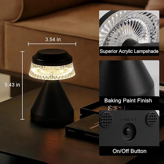 Rechargeable Cordless Table Lamp, 2600mAh Battery Operated Table Light | 3 Color | Stepless Dimming, for Bedroom, Cafe, Camping, Bar, Dining Table, Restaurant