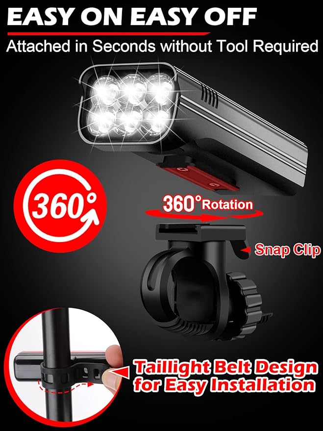 High Lumens Bike Lights Front and Back for Night Riding, 10000mAh USB Rechargeable 6 LED Bicycle Light, 5+5 Modes Bike Headlight and Tail Light Set Runtime 60+ Hrs, IPX5 Waterproof