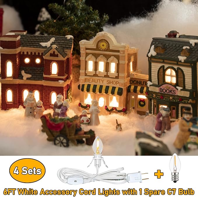4 Set 6Ft White LED Accessory Cord with Light Bulb 8Pcs (4 for Spare) with Switch On/Off, Light up Christmas Decor - Clip-in C7 String Lights for Christmas Village House Salt Lamp & Blow Mold, 0.6W