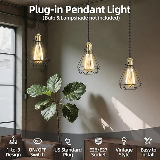 Vintage Plug-in Pendant Light Kit with 1-to-3 Hanging E26/E27 Sockets, Industrial Hanging Light with Individual Rotary Switches, Easy DIY Lighting for Living Room, Patio and Plant Corners, Gold