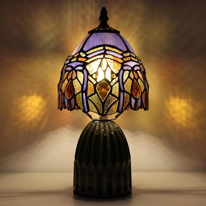 Tiffany Lamp Stained Glass Mushroom Table Lamps 6X6X12.5 Inch Purple Jewelry Baroque Style Small Night Light Ceramic Base Mini Accent Desk Light Suitable for Bedside Table Bedroom Children Room