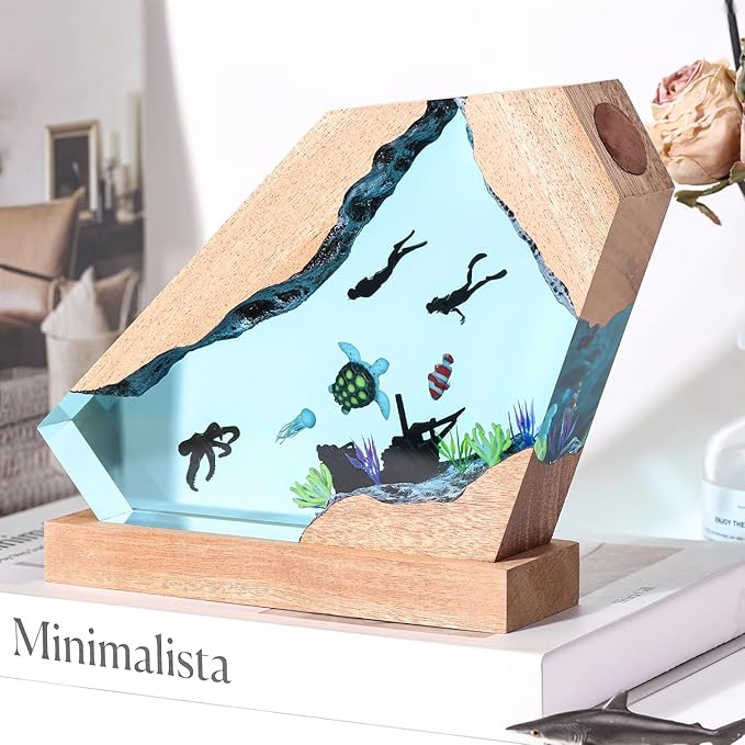 Octopus Ocean Resin Lamp, Handmade Wooden Table Resin Night Light, USB Port Art Ornaments for Home Office Decor, Scuba Diver Gifts for Birthday Holiday, Valentine's Day Gifts for Husband