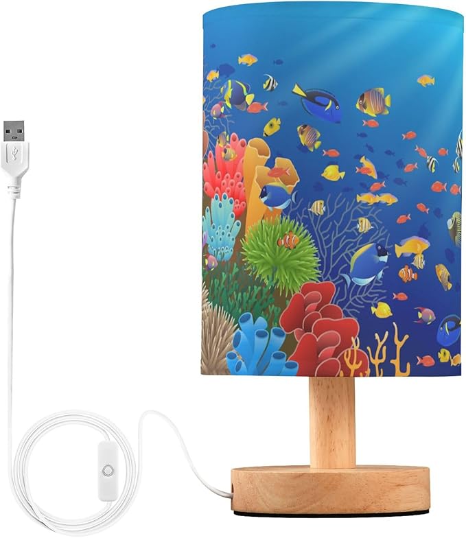 Table Lamp Underwater Sea Fish Coral Ocean Sunshine Nightstand Lamp with Wood Base Fabric Lamp Shade Bedside Desk Lamp for Living Room Bedroom Kids Room Office