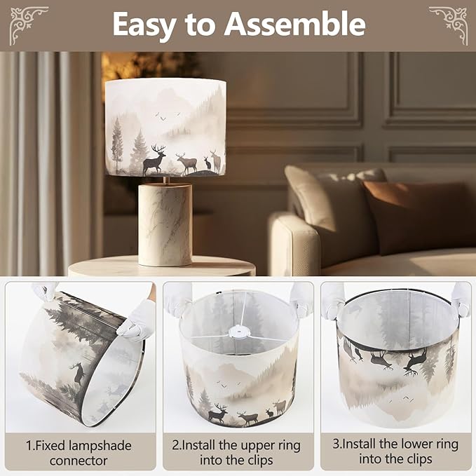 Fabric Lamp Shades, 13x13x10in Drum Lamp Shade, HD Printing Deer and Forest Lampshade, Western Lamps Shades fit with Spider, Rustic Farmhouse Lamp Shades for Table Lamps, Floor Lamps (1 Pack)