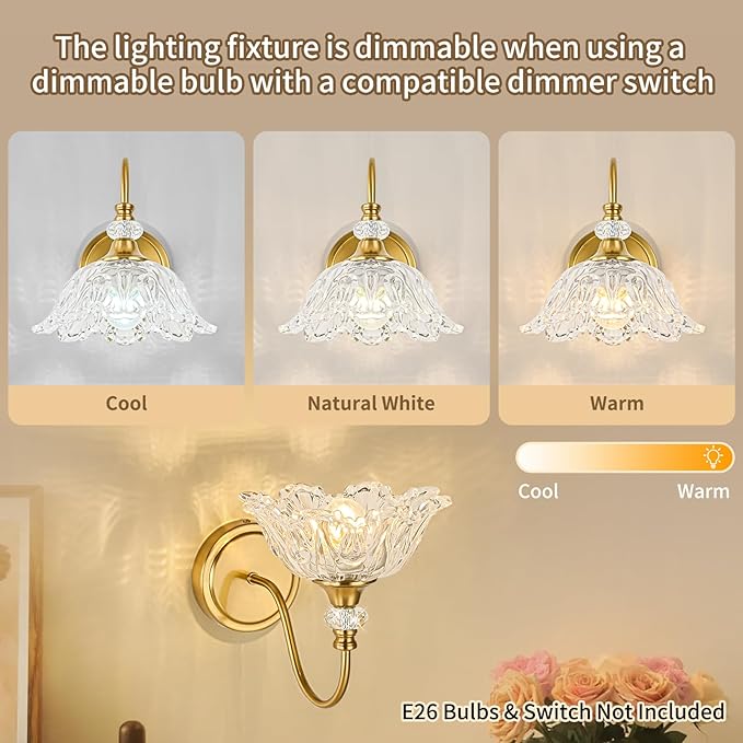 1 Piece Gold Wall Sconce with Floral Clear Glass Shade, Brushed Gold Finish Wall Mount Lighting for Bathroom,Vintage Bathroom Vanity Light Fixtures