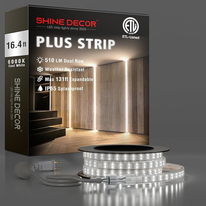 Shine Decor Plus LED Strip Lights AC 120V, Connectable Double Row Bright Rope Light, ETL IP65 Waterproof & Weather-Resistant for Accent Lighting, 7x17mm, 6000K Cool White, 16FT