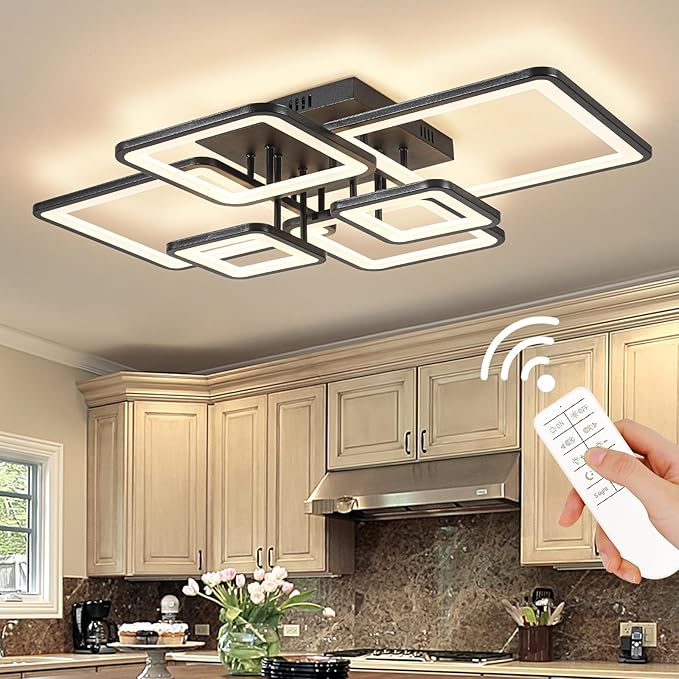 Modern LED Ceiling Light Fixture Black Kitchen Lighting Fixtures Ceiling for Bedroom 31.5" Dimmable 6 Ring Square Ceiling Light for Kitchen with Remote Control for Living Room,Dining Room