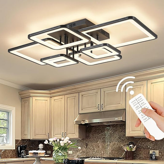 Modern LED Ceiling Light Fixture Black Kitchen Lighting Fixtures Ceiling for Bedroom 31.5" Dimmable 6 Ring Square Ceiling Light for Kitchen with Remote Control for Living Room,Dining Room