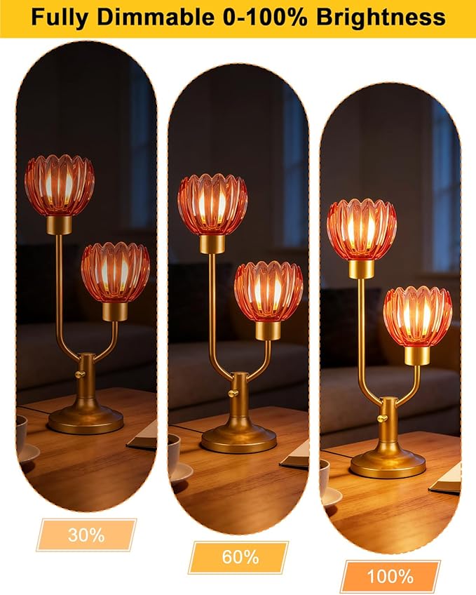 Lightdot Mid Century Modern Glass Table Lamp Gold Dimmable U-Shaped Desk Lamps with Deep Red Glass Shade& 2Pcs 3000K Warmwhite Bulbs Included Bedside Nightstand Lamp for Living Room Bedroom