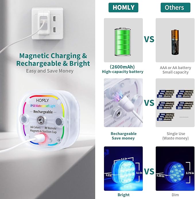 Homly Rechargeable LED Pool Lights for Inground Pool, Above Ground Pool Lights Waterproof Pool Underwater Lights Submersible Led Lights with 16 Colors, Remote, Huge Suction Cup, Magnetic, 4-Pack