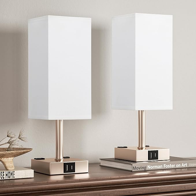 aooshine Light Gold Touch Lamps Set of 2 - Nightstand Lamp with USB-C + A Charge Ports & AC Outlets, 3-Way Dimmable Bedside Lamp, Small Table Lamp Light for Bedroom (Bulb Included)