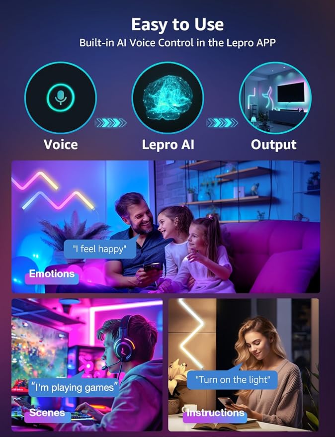 Lepro WL1 AI Smart RGB Wall Lights for Christmas Decorations, LLM AI Generated Lighting with LightBeats Music Sync, Voice Control Via App, Wi-Fi & Bluetooth LED Light Bars, 6 Pcs with 2 Corners