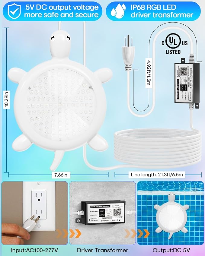 PRIORARE 22W Submersible Pool Lights, 5V Underwater Pool Light for Above Ground Inground Swimming Pools with APP Control Magnetic Led Pool Lights RGB Dimmable Timer IP68 Waterproof Music Sync