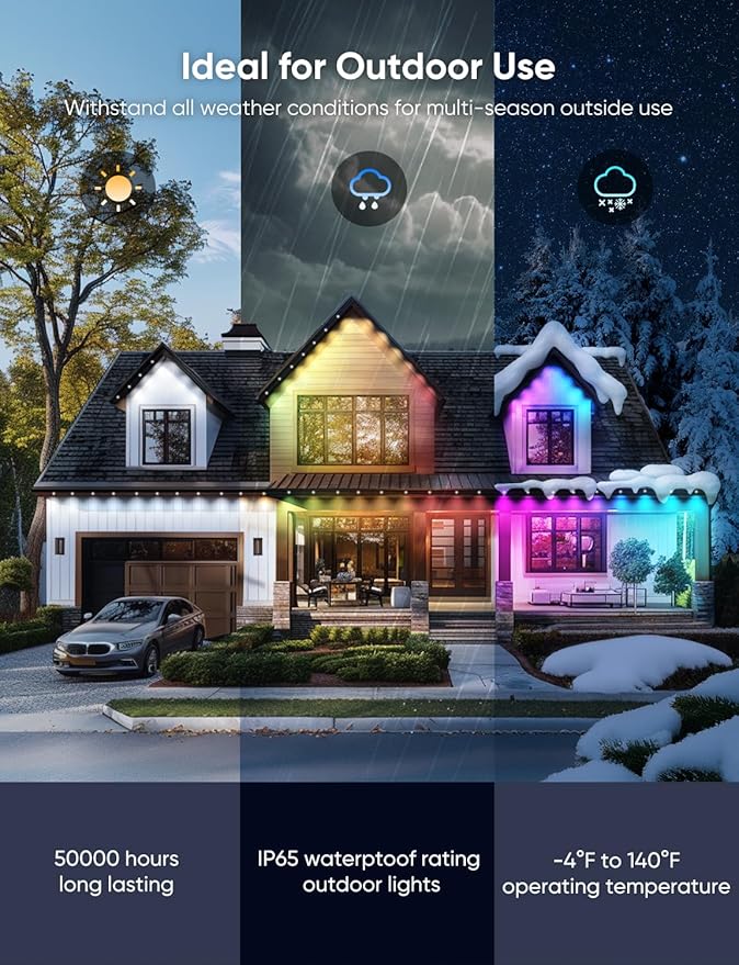Permanent Outdoor Lights 150ft,RGBW Eaves Light with 108 LED Lights,111+ Scenes Modes Outdoor Lighting, Waterproof Permanent Light for Daily Holiday Halloween Decorations, Works with Alexa,Black