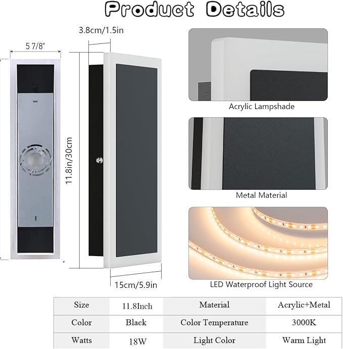 Modern LED Outdoor Wall Sconce 3000K 18W LED Outdoor Wall Mount Light Anti Rust Porch Light IP65 Waterproof Exterior Sconce for Porch,Front Door,Patio