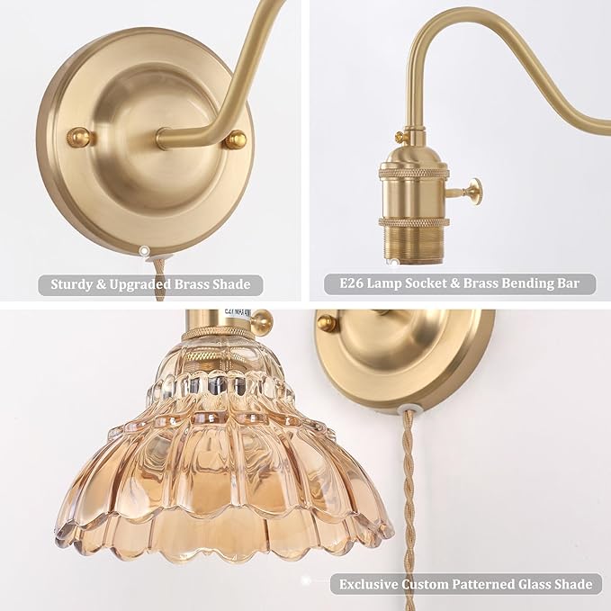 Plug in Wall Sconce Set of 2, Gold Vintage Wall Decor Lights with Amber Lily Glass Shade, Indoor Brass Corded Wall Lamp Fixture for Bedroom Living Room Bathroom Hallway