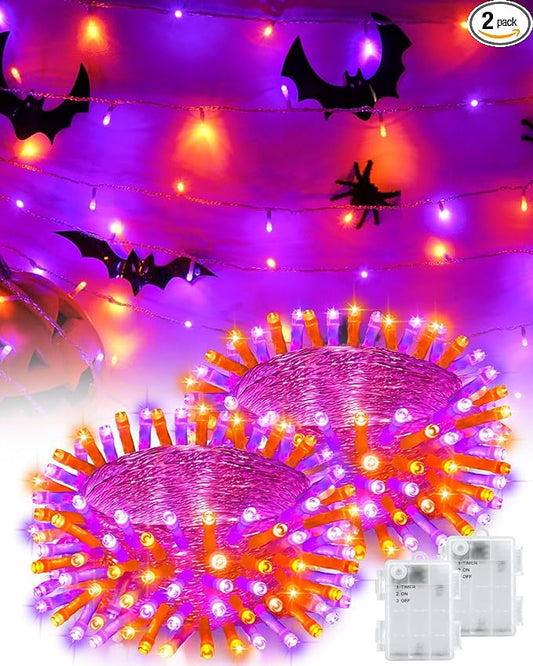 Halloween String Lights Battery Operated, Orange and Purple Fairy Lights with Timer Waterproof 16.4ft 50 LED Halloween Decorations for Outdoor Indoor Patio Party Garden Yard Decor 2 Packs