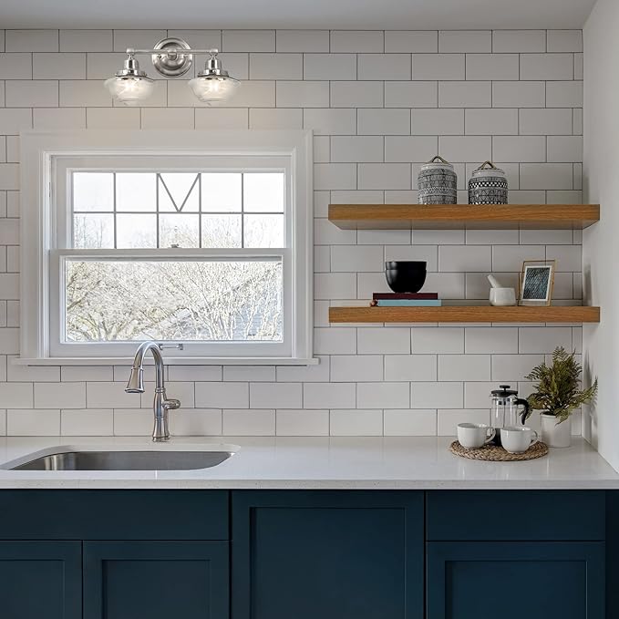Design House Vintage-Inspired Schoolhouse 2-Light Dimmable Vanity Light, 16.875 in x 7.625 in x 9.5 in, Satin Nickel, Clear Seeded Glass Shades, 589135-SN