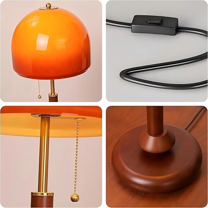 LIGHTLAND Orange Table Lamp, Glass Lampshade Metal Lamp Body Wood Base, Decorative Mushroom Lamp, Vintage Table Lamp for Living Room Bedroom Study, 9.4 * 19.7 Inch