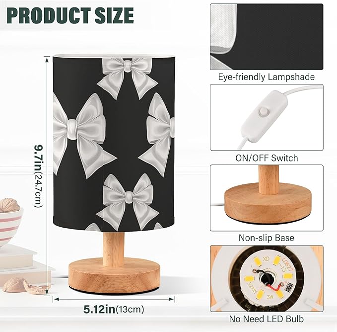 Elegant White Bow Ribbon Pattern on Black Print Table Lamp with Wood Base Fabric Lamp Shade Bedside Nightstand Desk Lamp for Living Room Bedroom Kids Room Office