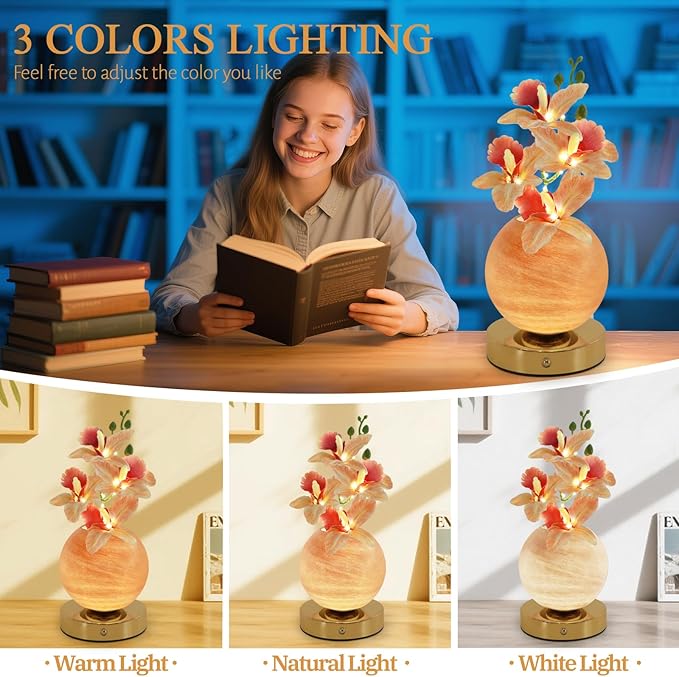 Flower Table Lamp, 3 Colors Orchid Night Light, Cordless Touch Dimming Artificial Flower with Vase Lamp, LED Desktop Decorative Landscape Lights for Festival Party Home Decor (Champagne Orchid)