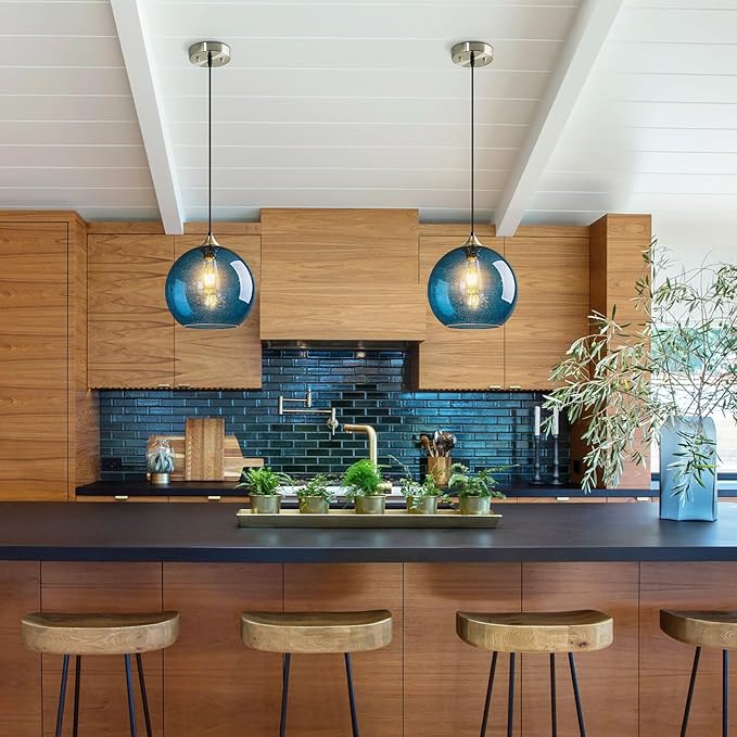 Blue Glass Pendant Lights Kitchen Island Lighting Globe Pendant Light Fixtures Modern Pendant Lighting for Kitchen Island Bedroom Living Dining Room Light Fixture(9.84in, 1-Pack)