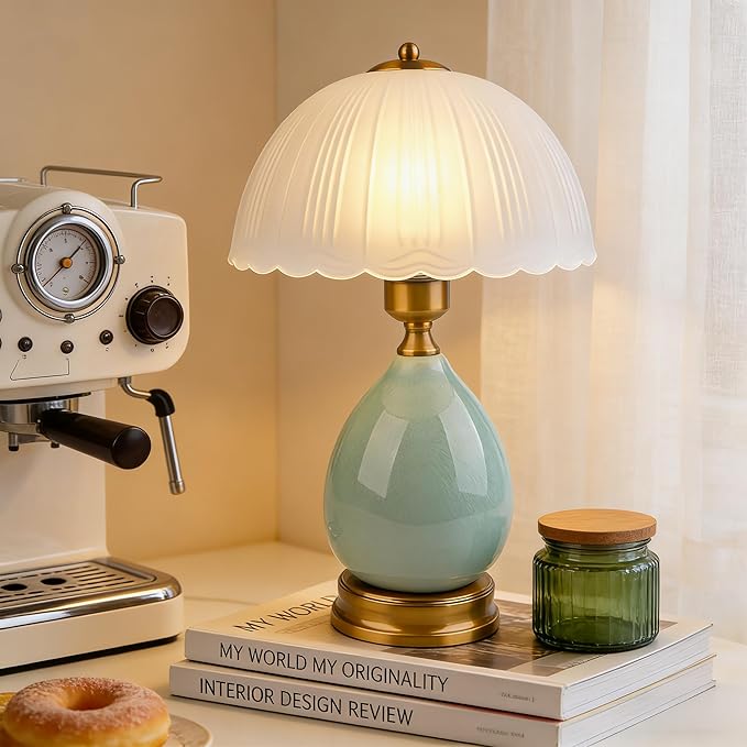 Table Lamps Ceramic Retro Lamp for Living Room,16" Modern Bedside Nightstand Traditional Lamps, Classic Chinoiserie Green Glass Lamp for Home (French Country)