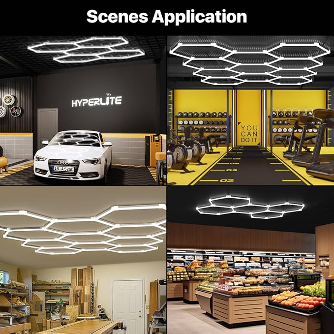HYPERLITE Gen 2 Hexagon Garage Lights: 322W 32200LM 11 Grids Hexagon Led Light, 6500K Ultra Bright Honeycomb Hex Lights, Easy Install, Durable Design for Garage, Car Detailing, Workshops, Gym