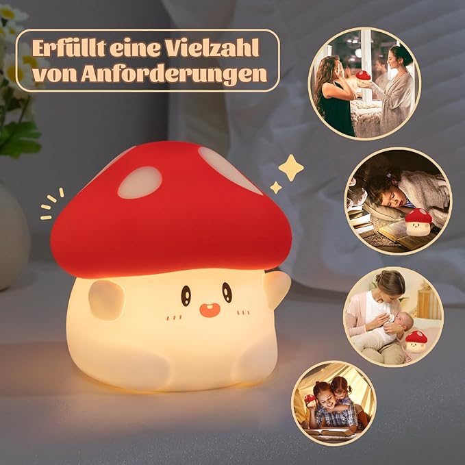 Hug Mushroom Night Light, 50-Hour Battery & Pat Control, Squishy Lamp for Kids Bedroom, Girls, USB Rechargeable with Timer, Easter Gifts