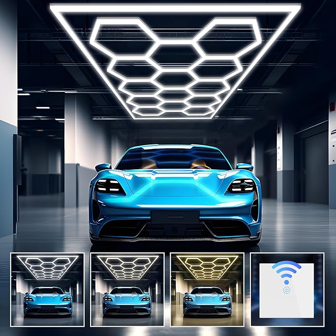 ALLYES Hexagon Garage Lights, Hexagon Ceiling Lights Super Bright Lighting, Car Detailing Ceiling Light for Workshop Warehouse Basement Gym (14 Hex Adjustable Temp)
