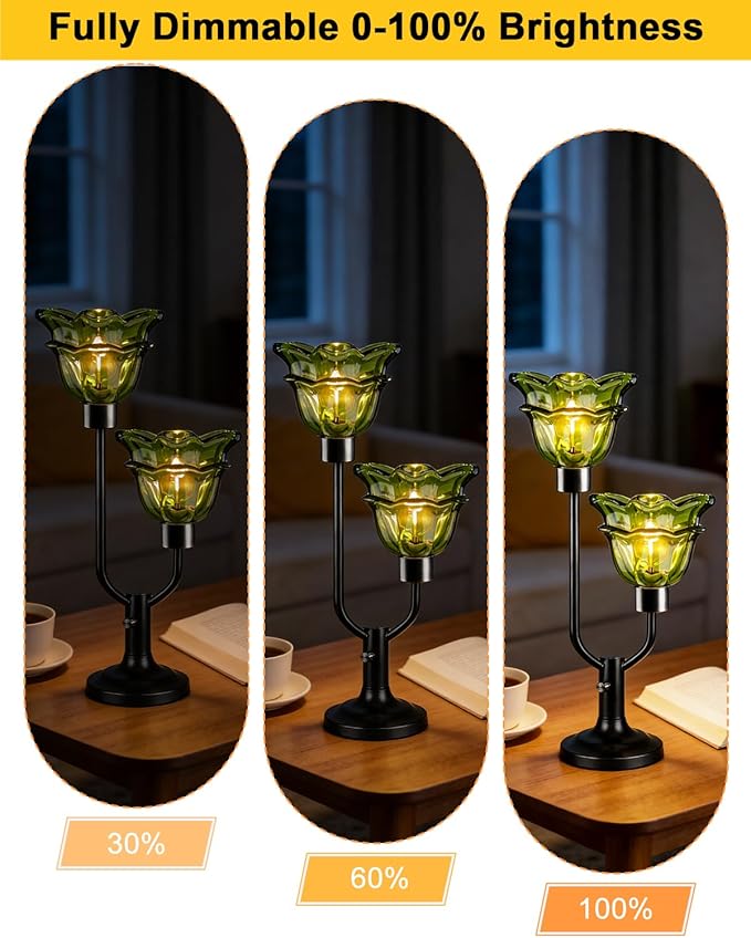 Lightdot Mid Century Modern Flower Table Lamp Black Dimmable U-Shaped Green Glass Desk Lamps with 2Pcs 3000K Warmwhite Bulbs Included Bedside Nightstand Lamp for Living Room Bedroom