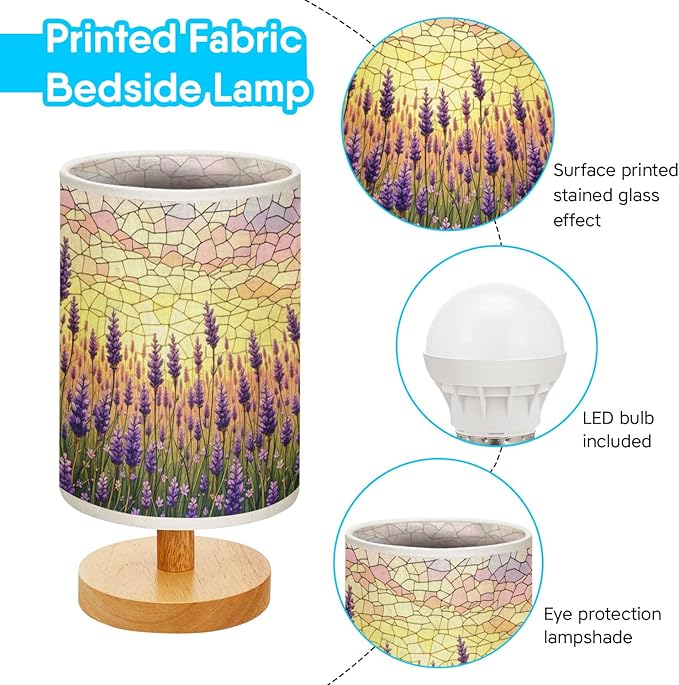 Lavender Table Lamp LED 3-Color Pressed Bedside, Lavender Shade Lamp with Wood Base for Bedroom Living Room Desk Office TL01