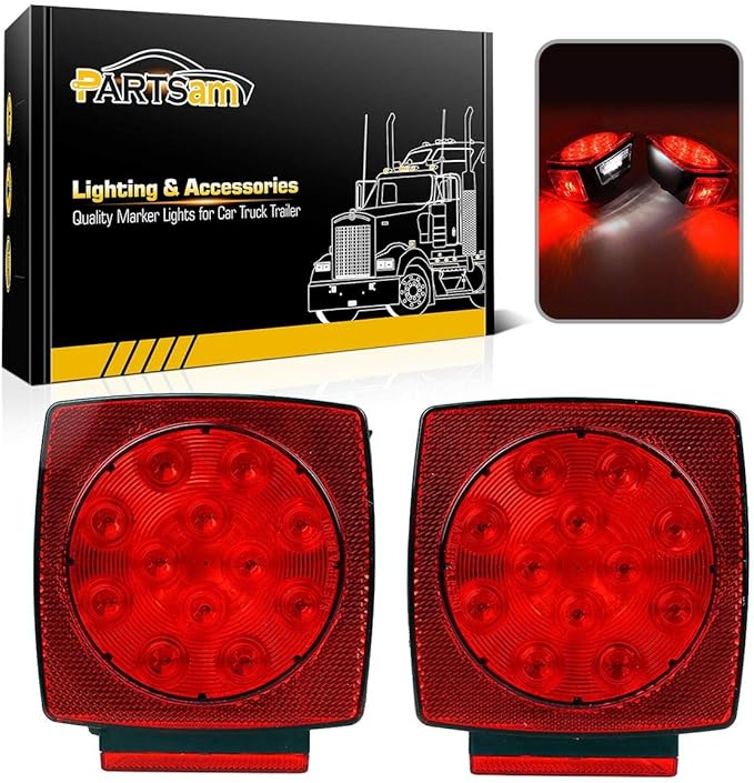 Partsam 12V Submersible Square Led Trailer Light,Red White LED Stop Turn Tail License Brake Running Light Lamp for Trailers Under 80" Boat Trailer Truck Marine Camper RV Snowmobile,IP68,DOT Compliant