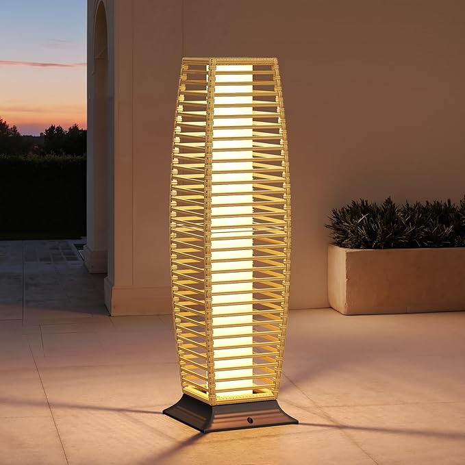 Grand patio Outdoor Floor Lamp Solar Lantern, Water-Resistant Natural Wicker Boho Patio Light with 50/100 Lumens Dual Brightness & Memory Mode for Garden Porch Deck Decor, Large Crossover Natural