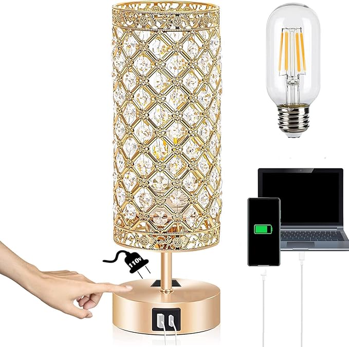 Gold Crystal Table Lamp, Bedside Nightstand Desk Lamp Touch Control Night Light Women Bedroom Decor Bling Lamps with 4 USB Ports & Bulb Included for Home, Office, Living Room