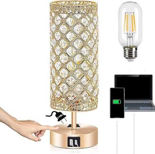 Gold Crystal Table Lamp, Bedside Nightstand Desk Lamp Touch Control Night Light Women Bedroom Decor Bling Lamps with 4 USB Ports & Bulb Included for Home, Office, Living Room