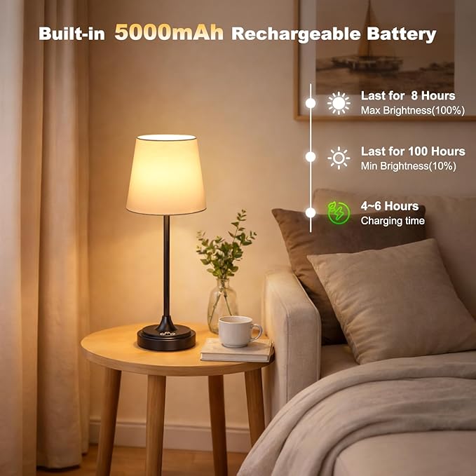 Cordless Table Lamp Rechargeable,5000mAh Battery Operated Desk Lamp,3 Colors & 7 RGB Stepless Dimmable,Touch Control Ambient Light for Bedside,Bedroom,Dining Room,Living Room,Black,WhiteShade
