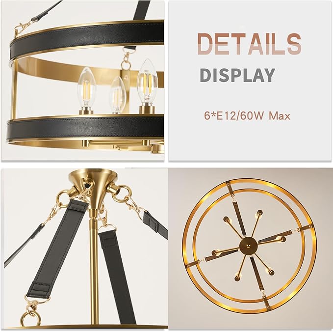 Farmhouse Ceiling Chandelier,24 Inch Antique Bronze Aluminum Black Leather Belt Trim Modern Rustic Hanging Pendant Ceiling Light Fixture for Living Room, Dining Room, Bedroom, Kitchen